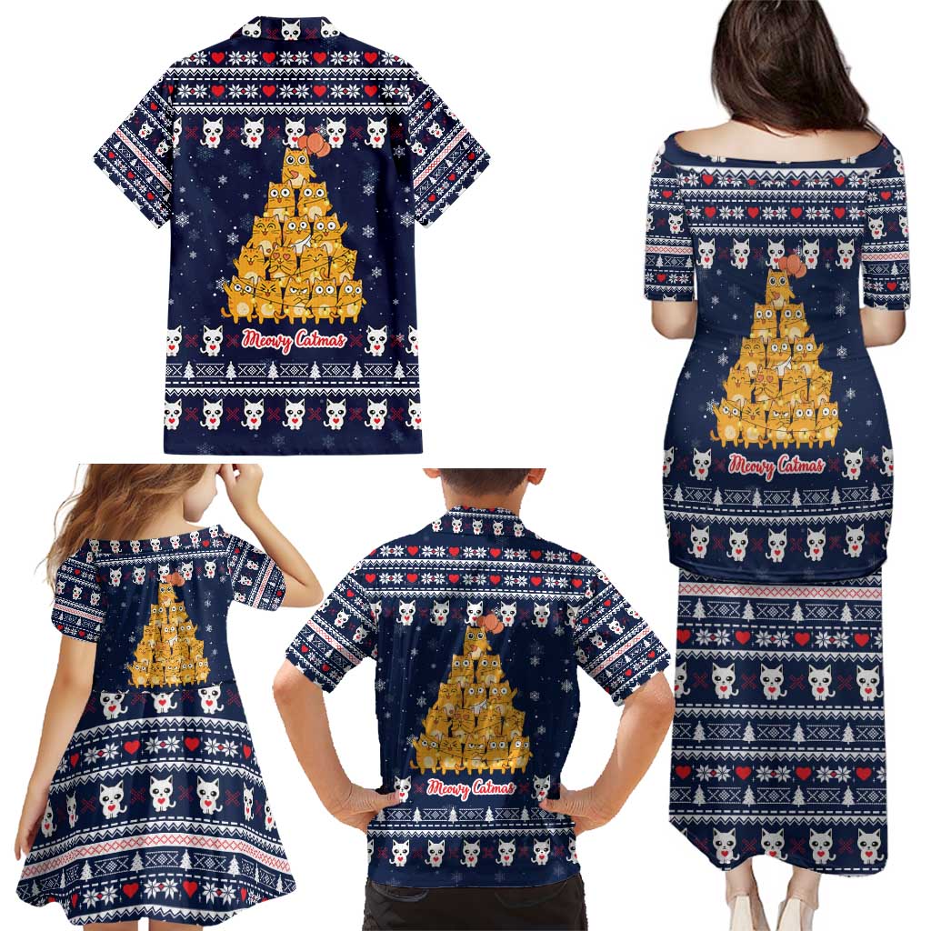 Meowy Catmas Family Matching Puletasi and Hawaiian Shirt with Orange Cats Christmas Tree and Snowflake Pattern Design - Wonder Print Shop
