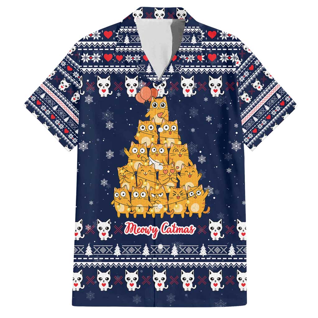 Meowy Catmas Family Matching Puletasi and Hawaiian Shirt with Orange Cats Christmas Tree and Snowflake Pattern Design - Wonder Print Shop
