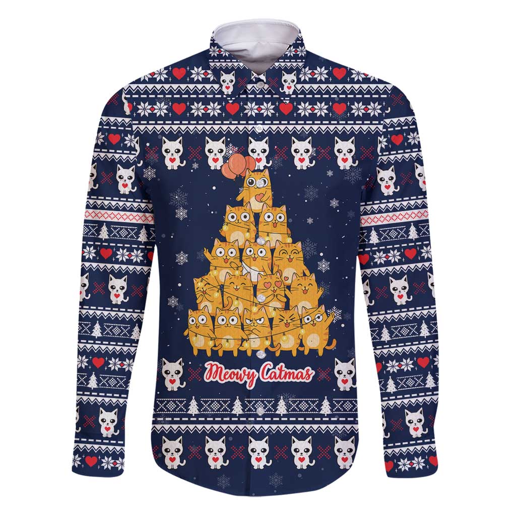 Meowy Catmas Family Matching Puletasi and Hawaiian Shirt with Orange Cats Christmas Tree and Snowflake Pattern Design - Wonder Print Shop