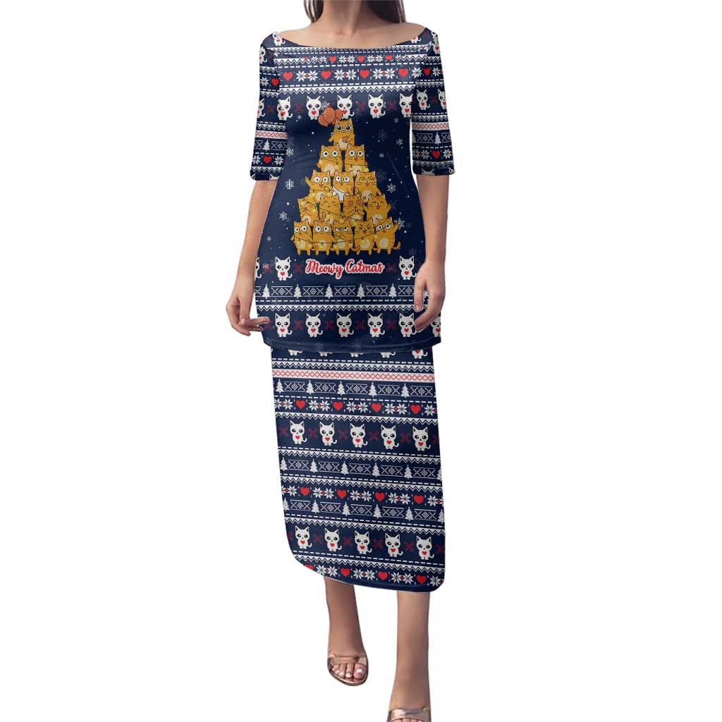 Meowy Catmas Family Matching Puletasi and Hawaiian Shirt with Orange Cats Christmas Tree and Snowflake Pattern Design - Wonder Print Shop