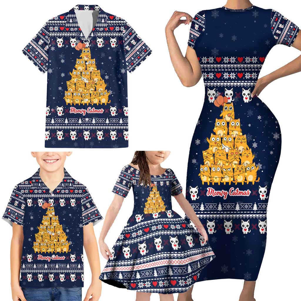 Meowy Catmas Family Matching Short Sleeve Bodycon Dress and Hawaiian Shirt with Orange Cats Christmas Tree and Snowflake Pattern Design - Wonder Print Shop