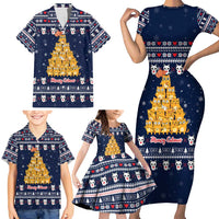 Meowy Catmas Family Matching Short Sleeve Bodycon Dress and Hawaiian Shirt with Orange Cats Christmas Tree and Snowflake Pattern Design - Wonder Print Shop