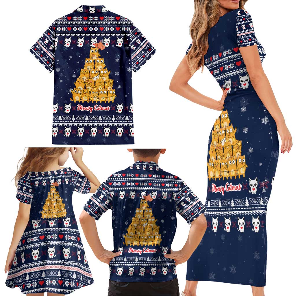 Meowy Catmas Family Matching Short Sleeve Bodycon Dress and Hawaiian Shirt with Orange Cats Christmas Tree and Snowflake Pattern Design - Wonder Print Shop