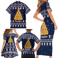 Meowy Catmas Family Matching Short Sleeve Bodycon Dress and Hawaiian Shirt with Orange Cats Christmas Tree and Snowflake Pattern Design - Wonder Print Shop