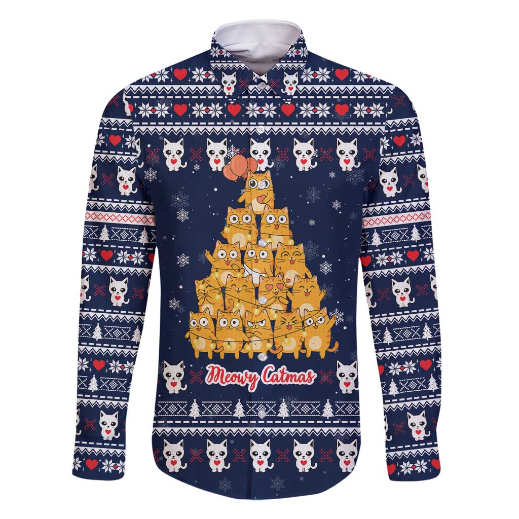 Meowy Catmas Family Matching Short Sleeve Bodycon Dress and Hawaiian Shirt with Orange Cats Christmas Tree and Snowflake Pattern Design - Wonder Print Shop