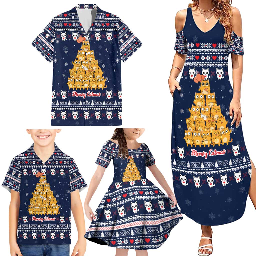 Meowy Catmas Family Matching Summer Maxi Dress and Hawaiian Shirt with Orange Cats Christmas Tree and Snowflake Pattern Design - Wonder Print Shop