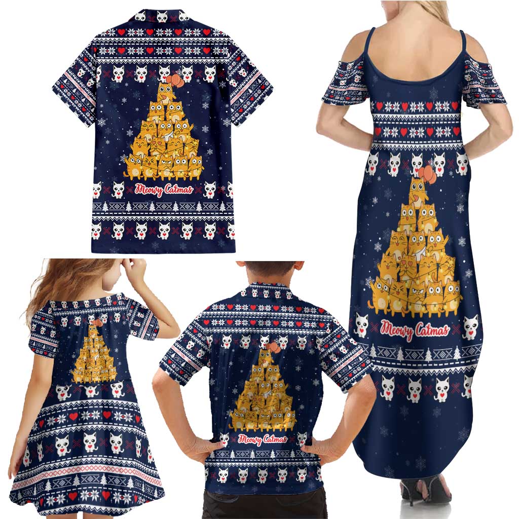 Meowy Catmas Family Matching Summer Maxi Dress and Hawaiian Shirt with Orange Cats Christmas Tree and Snowflake Pattern Design - Wonder Print Shop