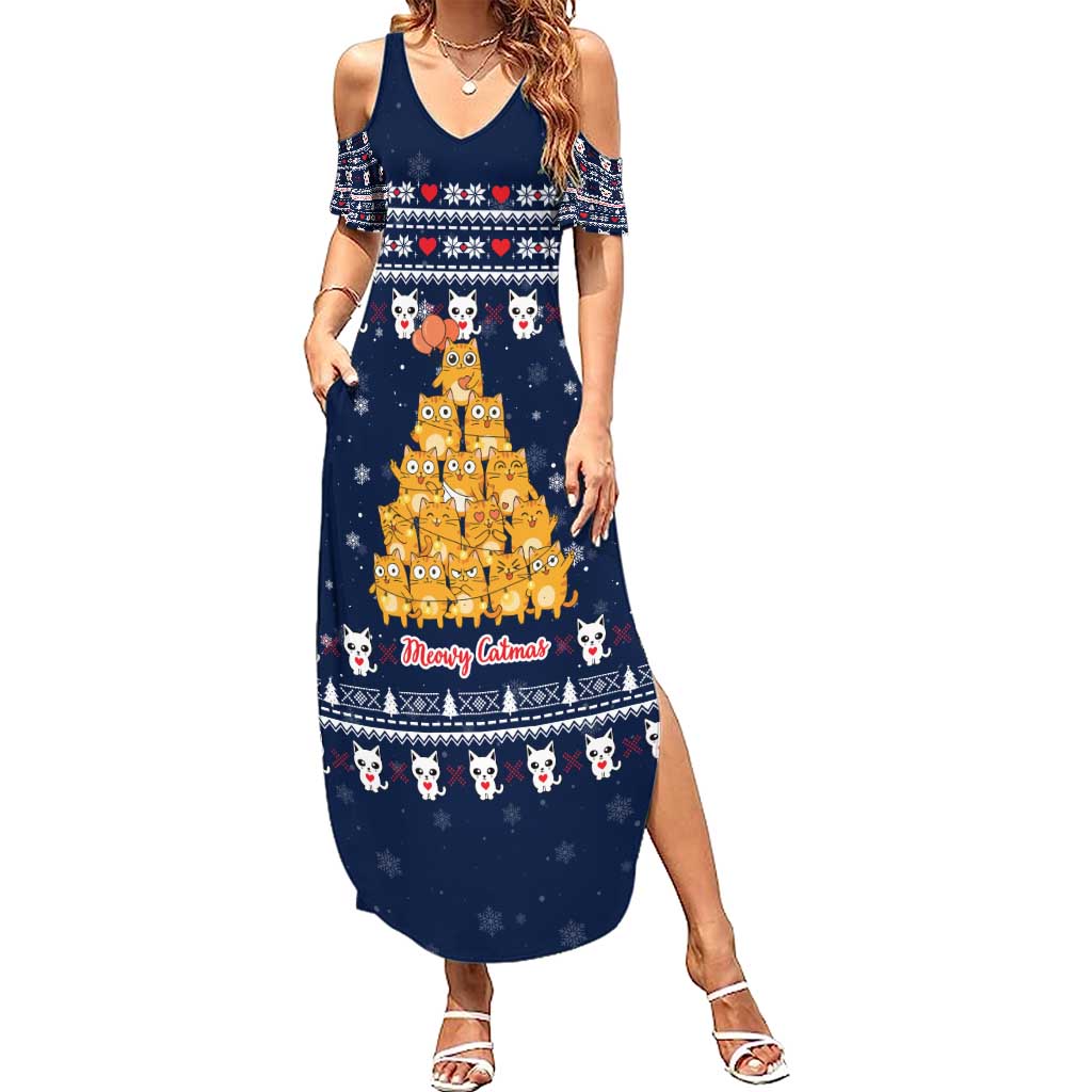 Meowy Catmas Family Matching Summer Maxi Dress and Hawaiian Shirt with Orange Cats Christmas Tree and Snowflake Pattern Design - Wonder Print Shop