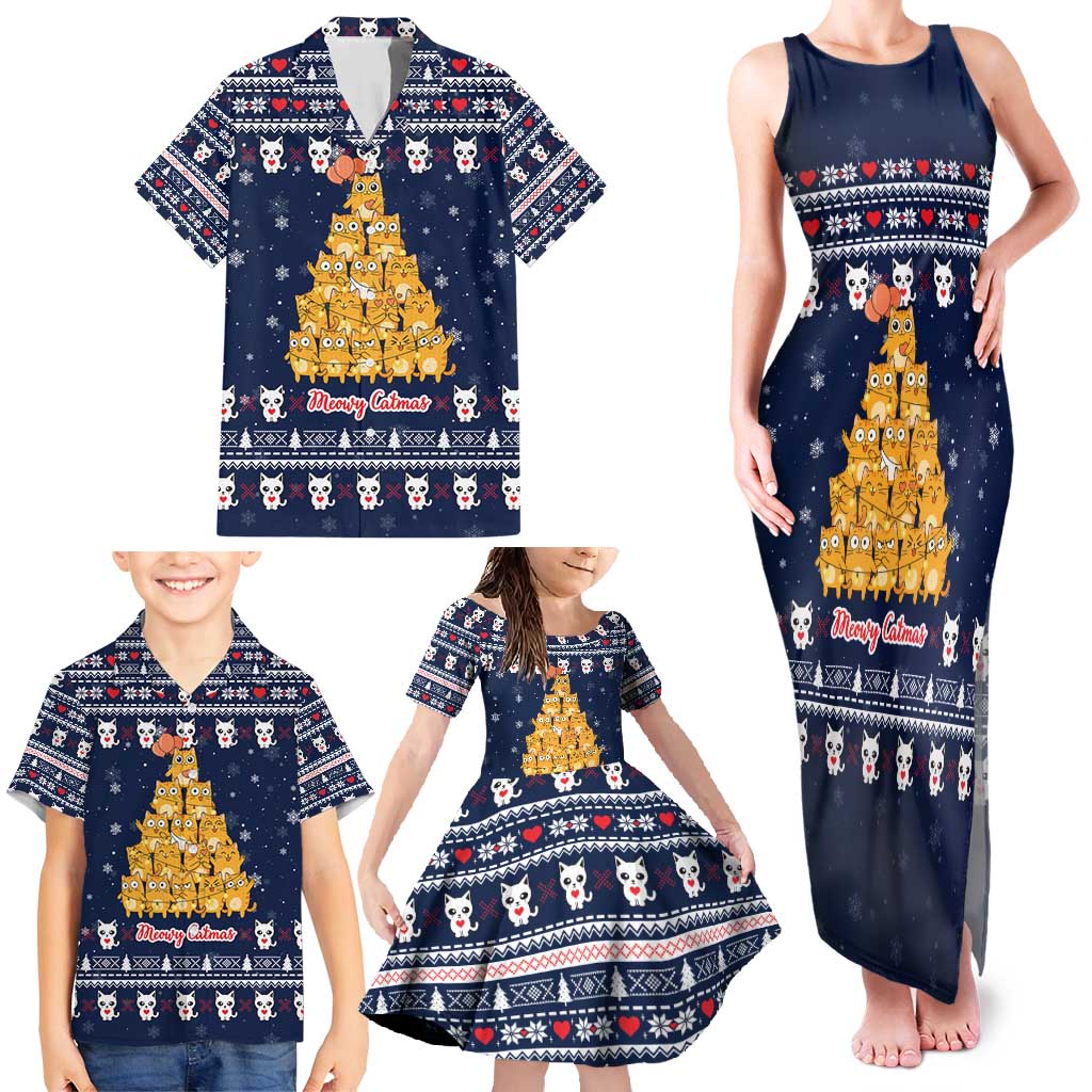 Meowy Catmas Family Matching Tank Maxi Dress and Hawaiian Shirt with Orange Cats Christmas Tree and Snowflake Pattern Design - Wonder Print Shop