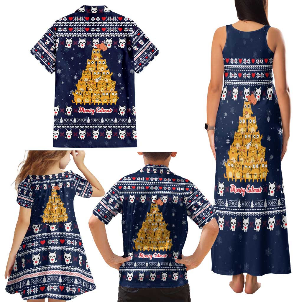 Meowy Catmas Family Matching Tank Maxi Dress and Hawaiian Shirt with Orange Cats Christmas Tree and Snowflake Pattern Design - Wonder Print Shop