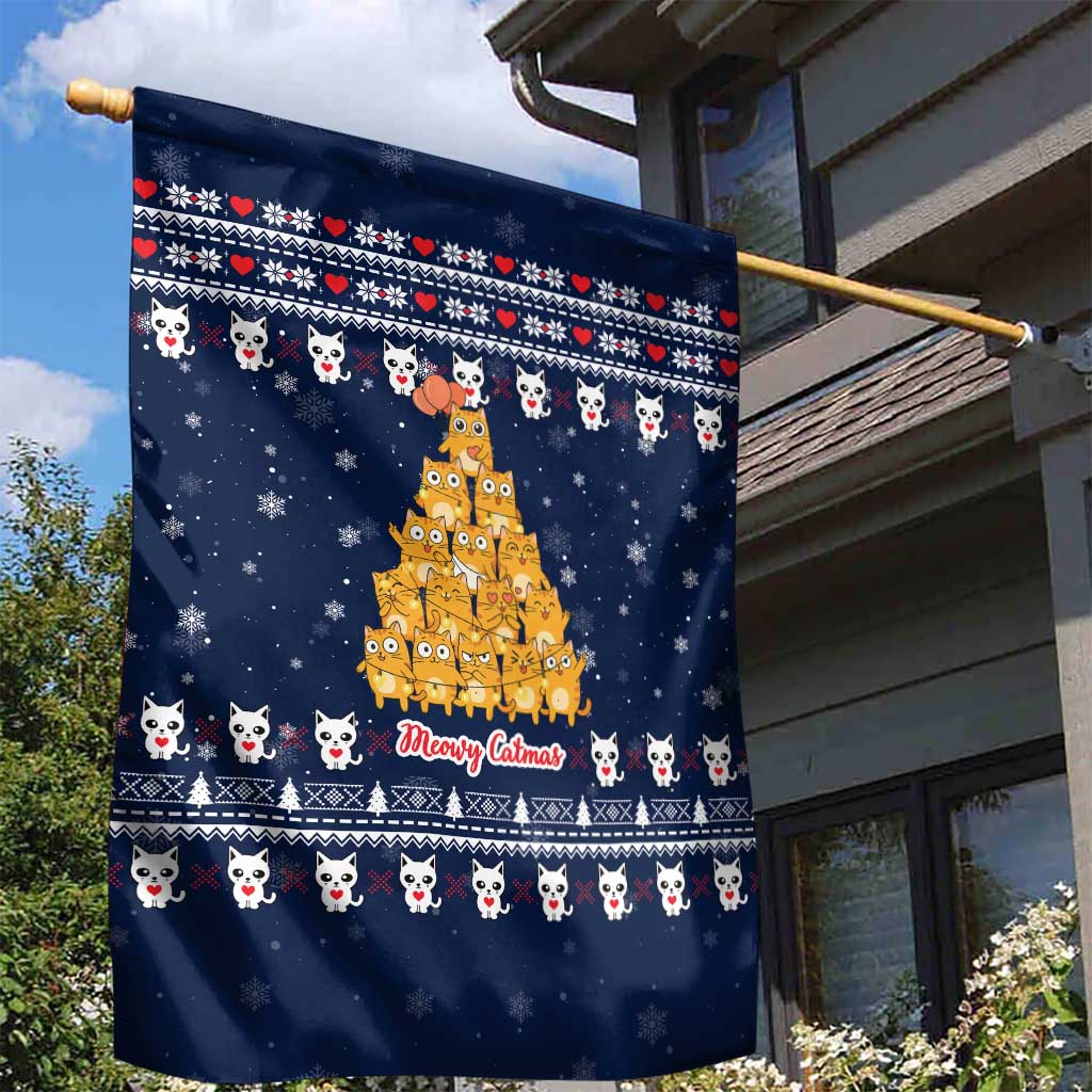 Meowy Catmas Garden Flag with Orange Cats Christmas Tree and Snowflake Pattern Design - Wonder Print Shop