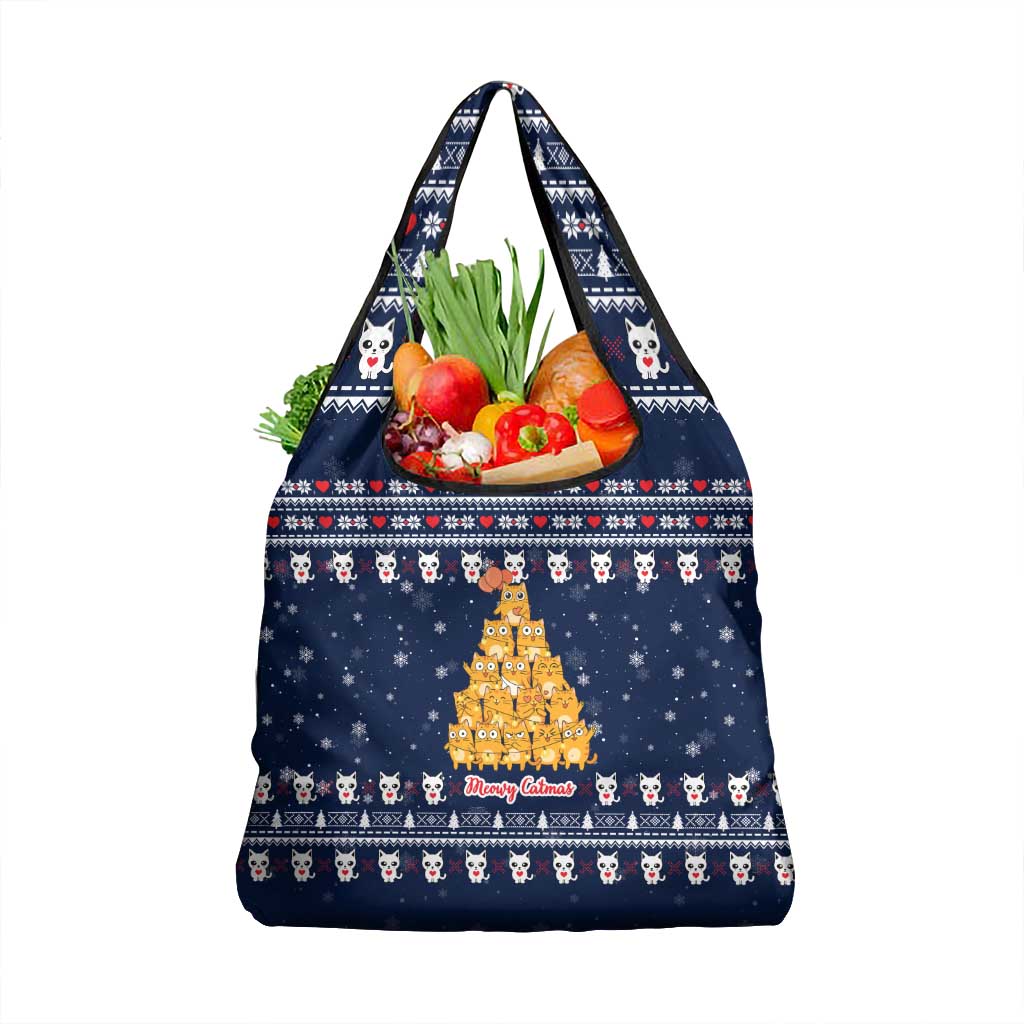 Meowy Catmas Grocery Bag with Orange Cats Christmas Tree and Snowflake Pattern Design - Wonder Print Shop