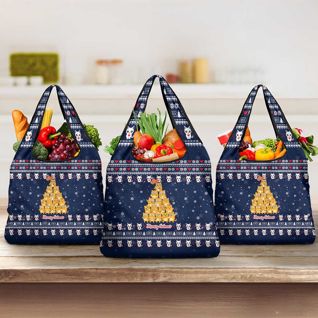 Meowy Catmas Grocery Bag with Orange Cats Christmas Tree and Snowflake Pattern Design - Wonder Print Shop
