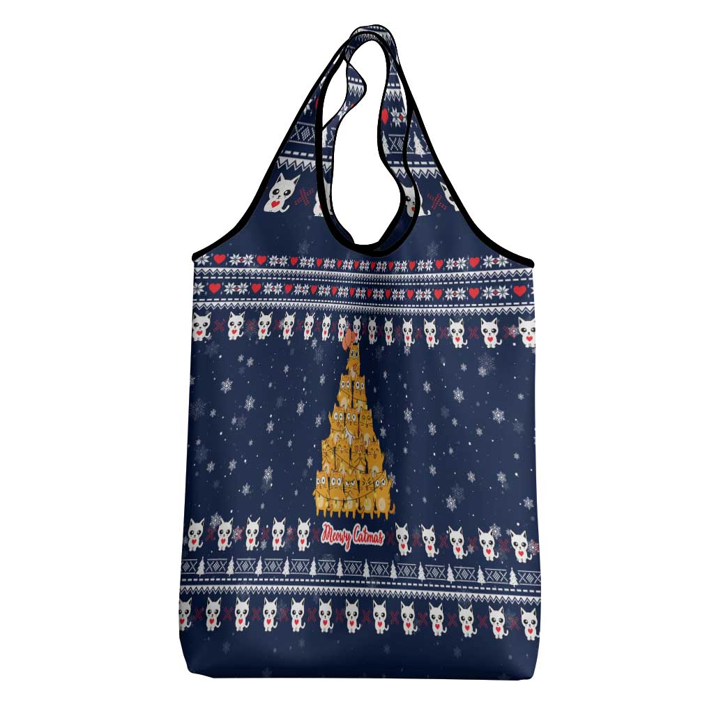 Meowy Catmas Grocery Bag with Orange Cats Christmas Tree and Snowflake Pattern Design - Wonder Print Shop