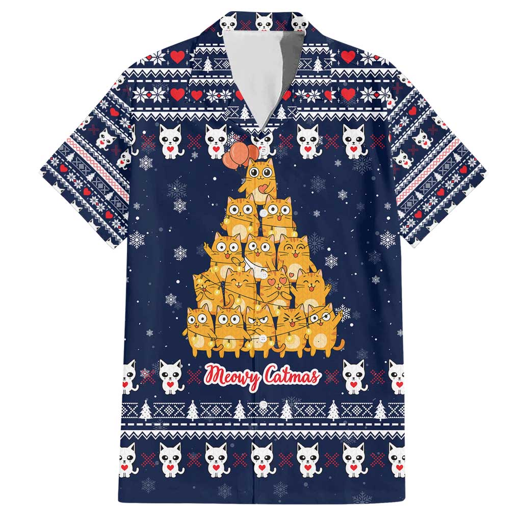 Meowy Catmas Hawaiian Shirt with Orange Cats Christmas Tree and Snowflake Pattern Design - Wonder Print Shop