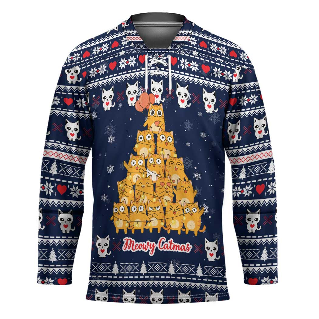 Meowy Catmas Hockey Jersey with Orange Cats Christmas Tree and Snowflake Pattern Design - Wonder Print Shop