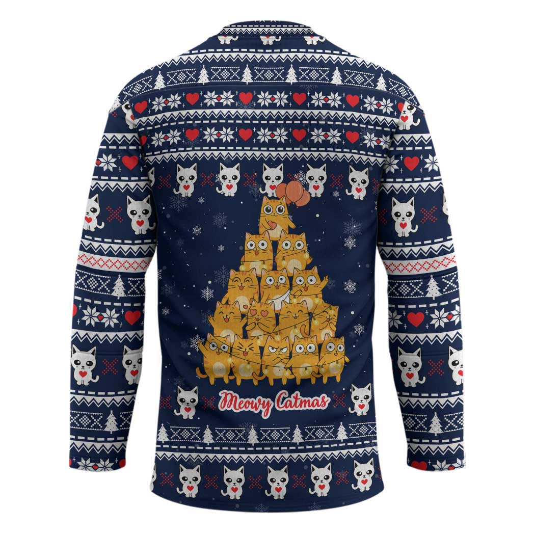 Meowy Catmas Hockey Jersey with Orange Cats Christmas Tree and Snowflake Pattern Design - Wonder Print Shop