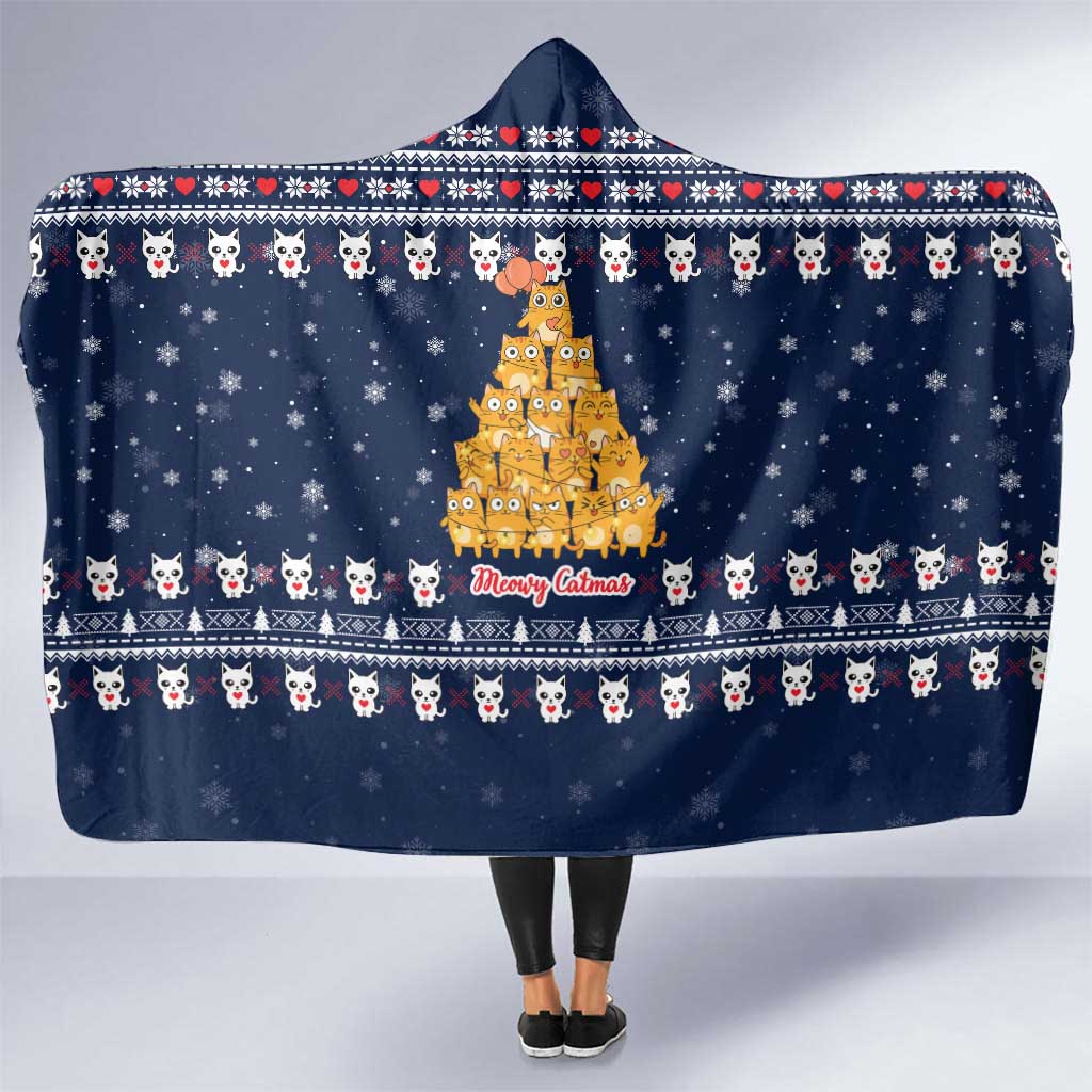 Meowy Catmas Hooded Blanket with Orange Cats Christmas Tree and Snowflake Pattern Design - Wonder Print Shop