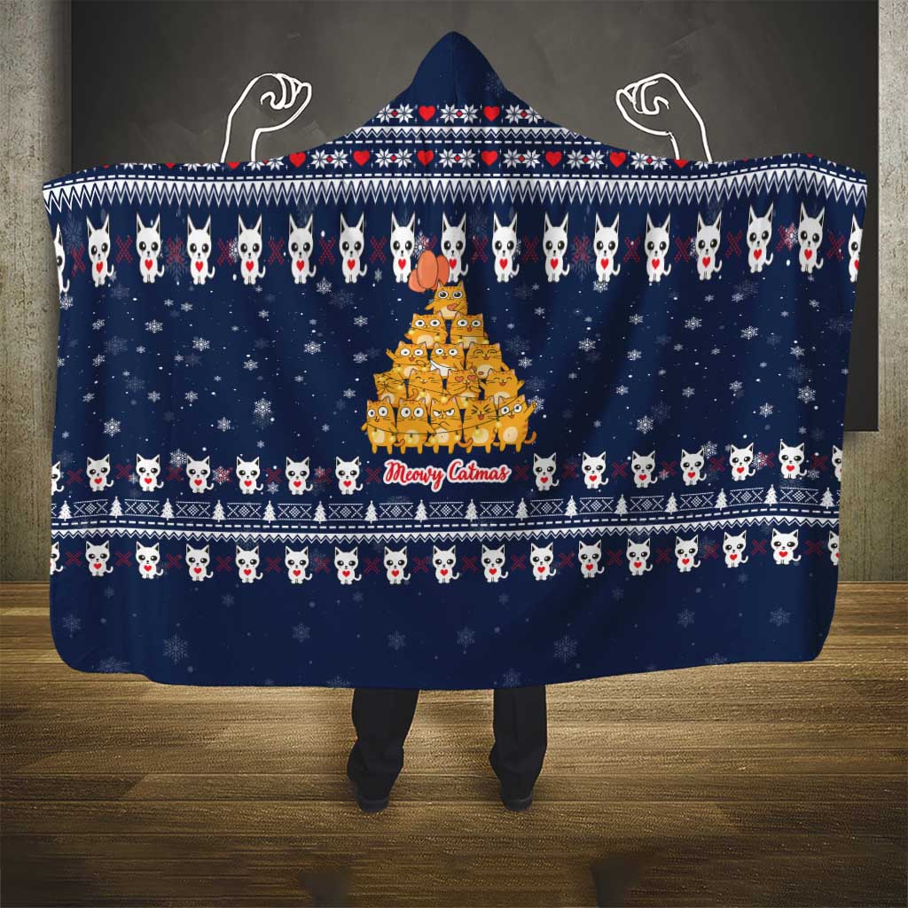 Meowy Catmas Hooded Blanket with Orange Cats Christmas Tree and Snowflake Pattern Design - Wonder Print Shop