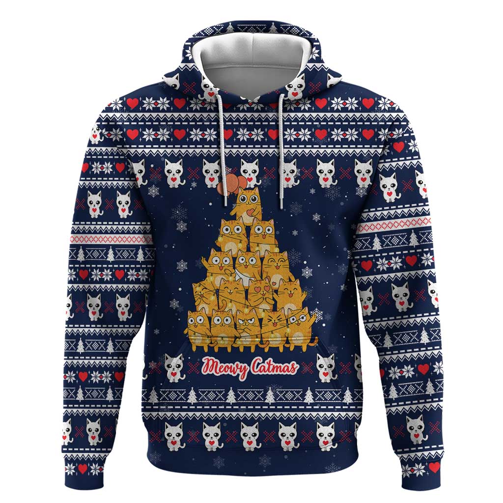 Meowy Catmas Hoodie with Orange Cats Christmas Tree and Snowflake Pattern Design - Wonder Print Shop