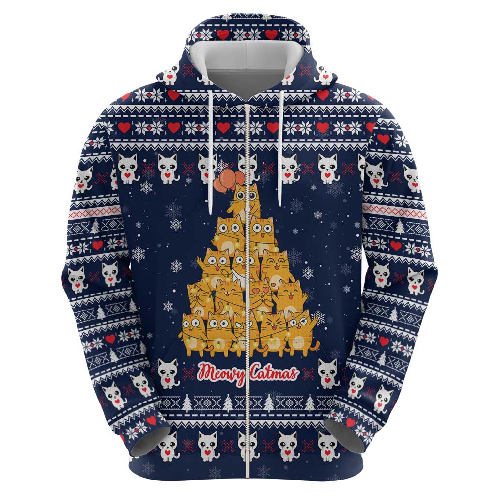 Meowy Catmas Hoodie with Orange Cats Christmas Tree and Snowflake Pattern Design - Wonder Print Shop