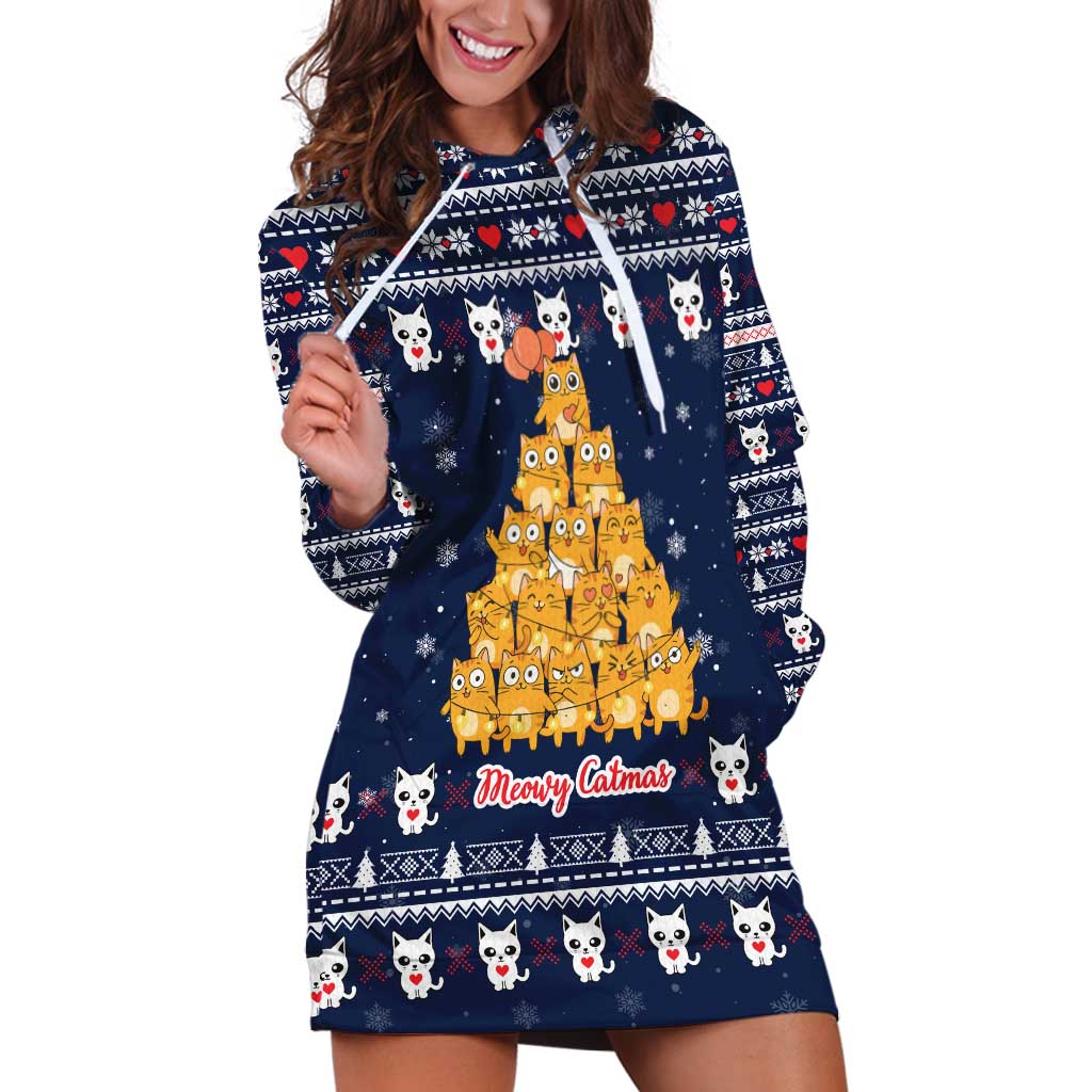 Meowy Catmas Hoodie Dress with Orange Cats Christmas Tree and Snowflake Pattern Design - Wonder Print Shop