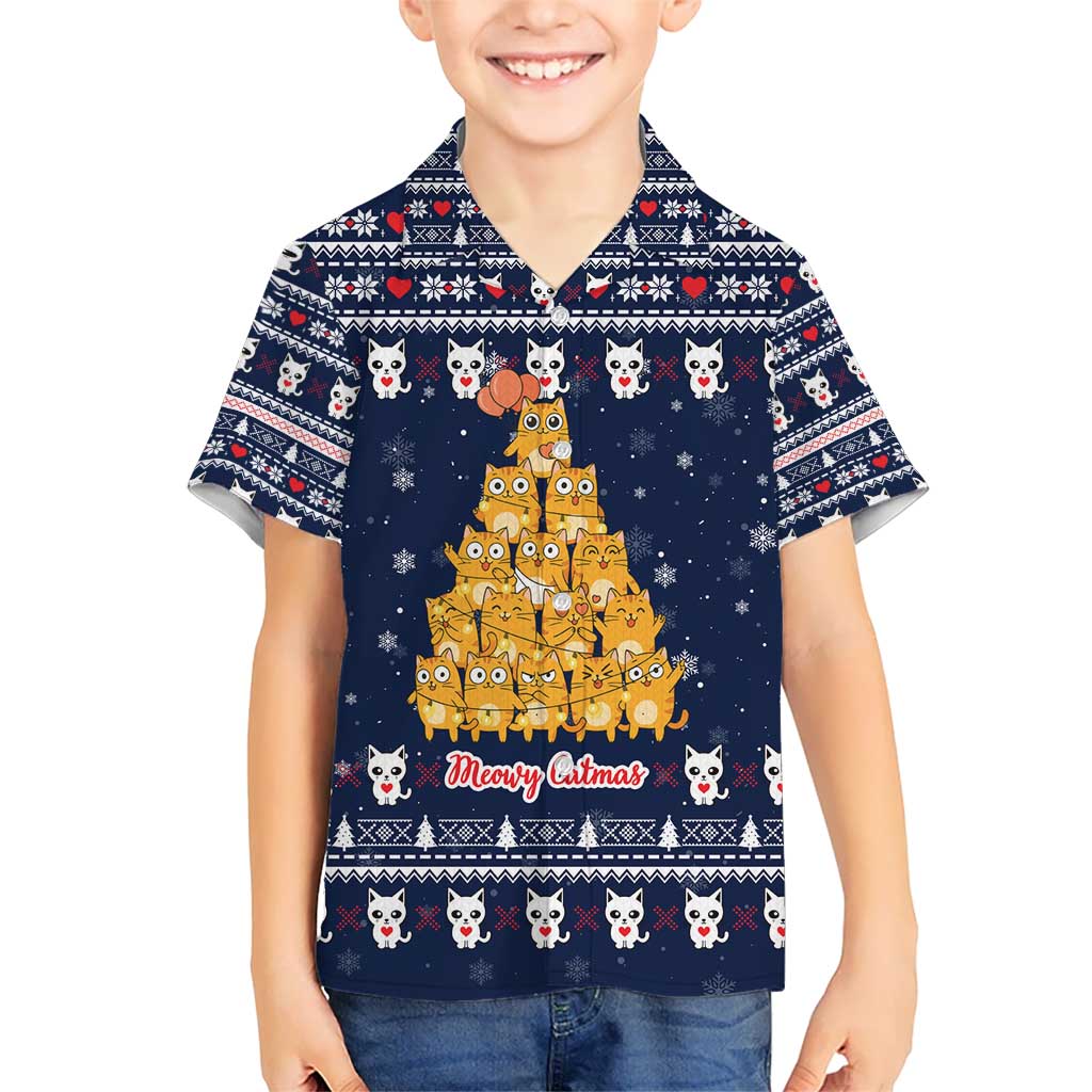 Meowy Catmas Kid Hawaiian Shirt with Orange Cats Christmas Tree and Snowflake Pattern Design - Wonder Print Shop