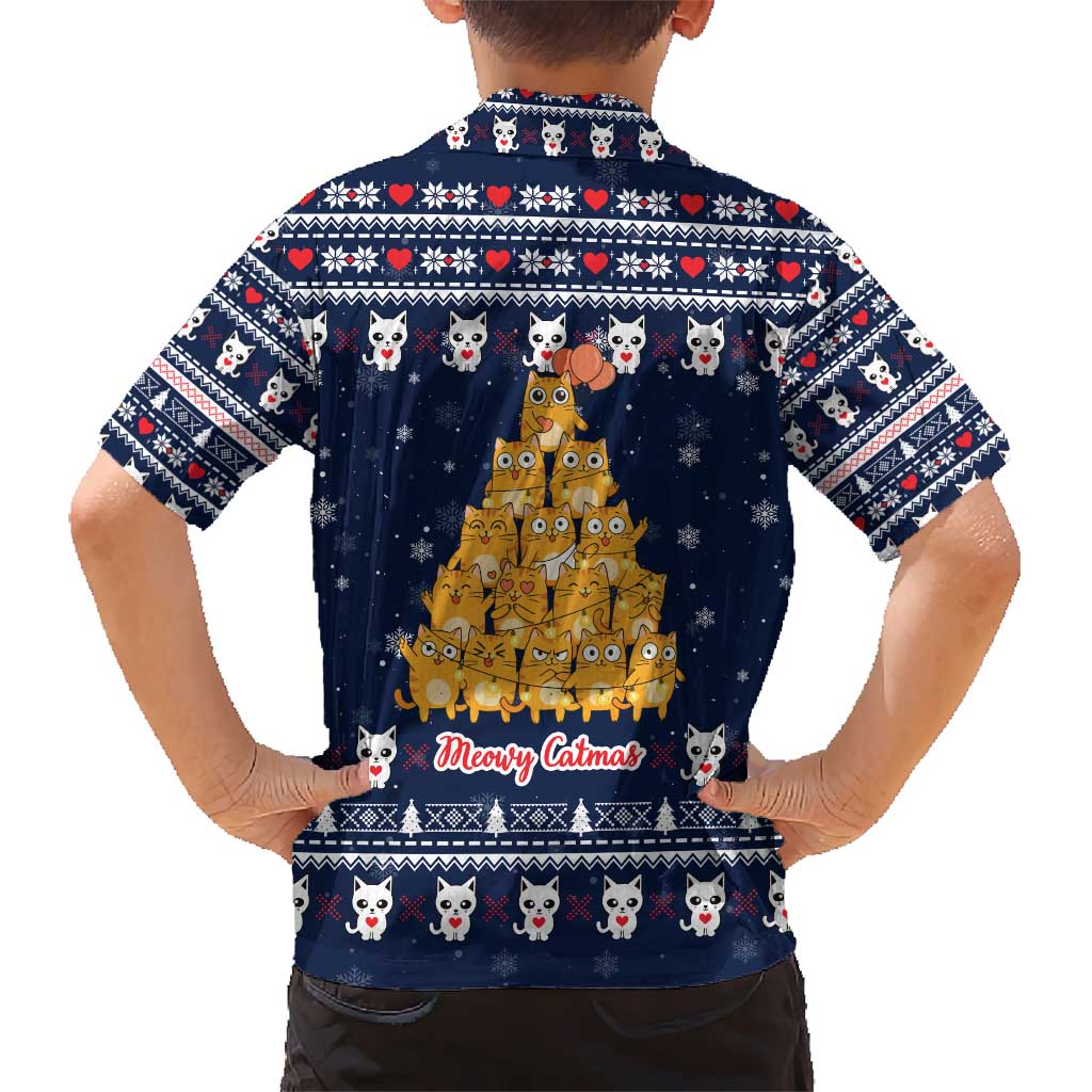 Meowy Catmas Kid Hawaiian Shirt with Orange Cats Christmas Tree and Snowflake Pattern Design - Wonder Print Shop