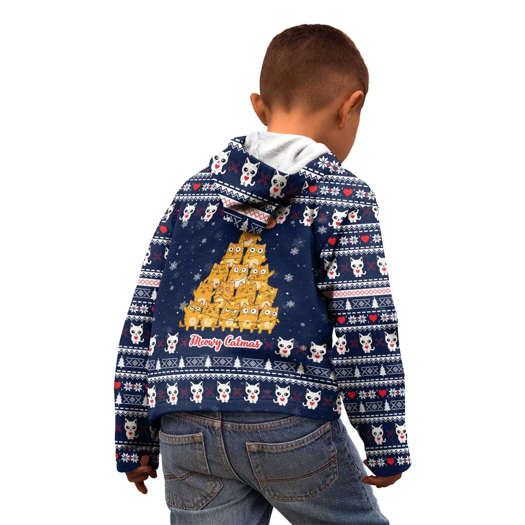 Meowy Catmas Kid Hoodie with Orange Cats Christmas Tree and Snowflake Pattern Design - Wonder Print Shop