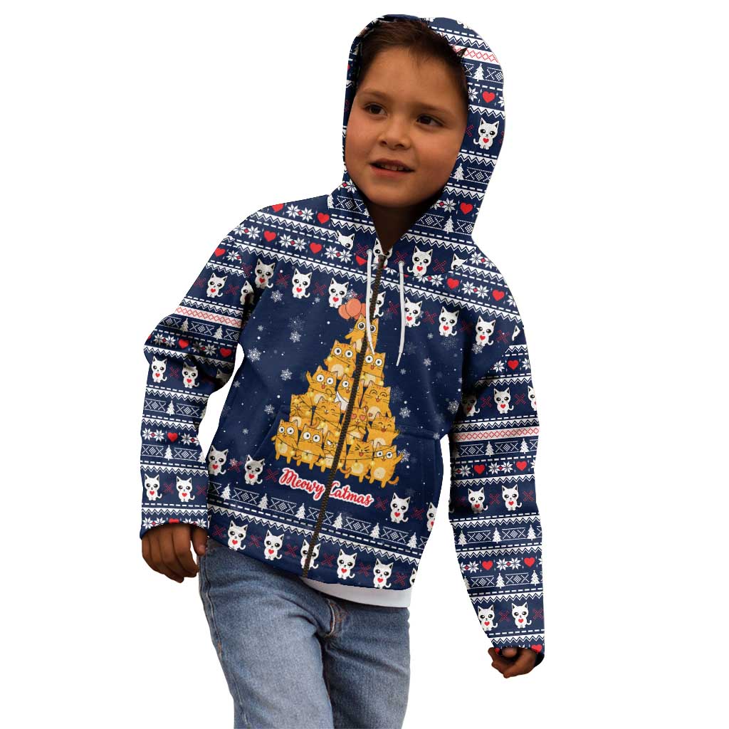 Meowy Catmas Kid Hoodie with Orange Cats Christmas Tree and Snowflake Pattern Design - Wonder Print Shop