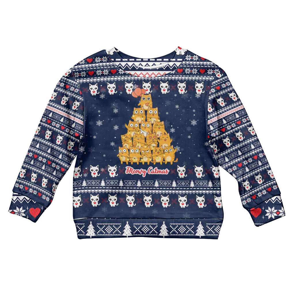 Meowy Catmas Kid Ugly Christmas Sweater with Orange Cats Christmas Tree and Snowflake Pattern Design - Wonder Print Shop