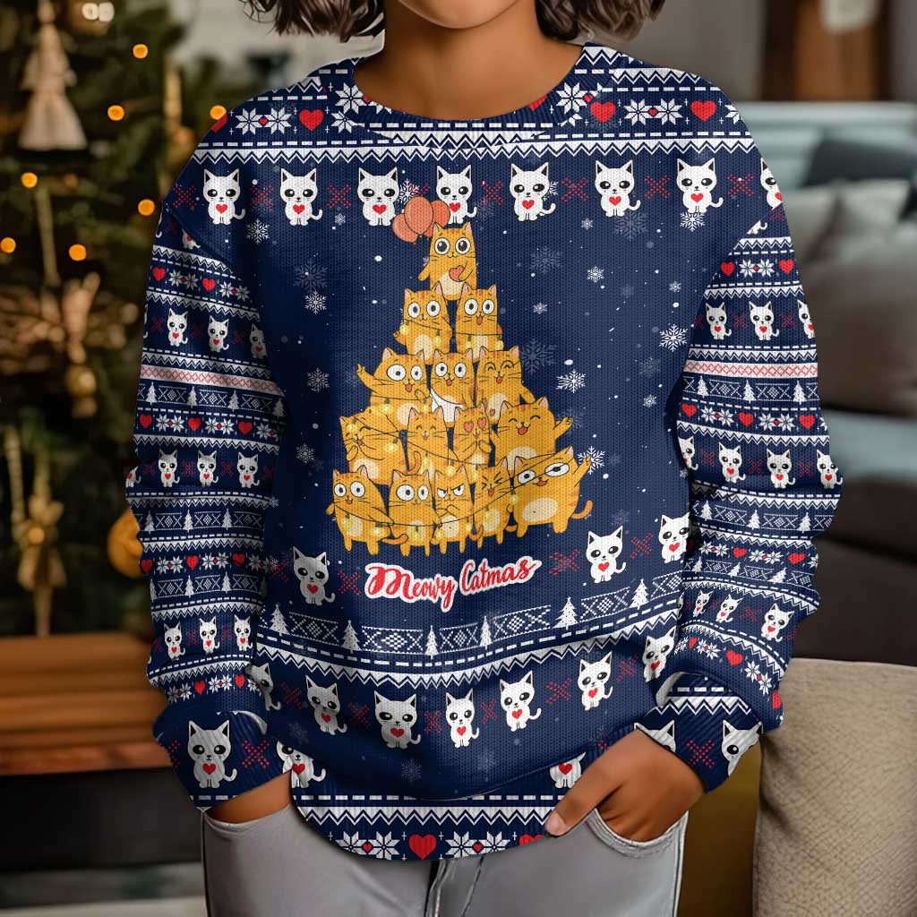Meowy Catmas Kid Ugly Christmas Sweater with Orange Cats Christmas Tree and Snowflake Pattern Design - Wonder Print Shop
