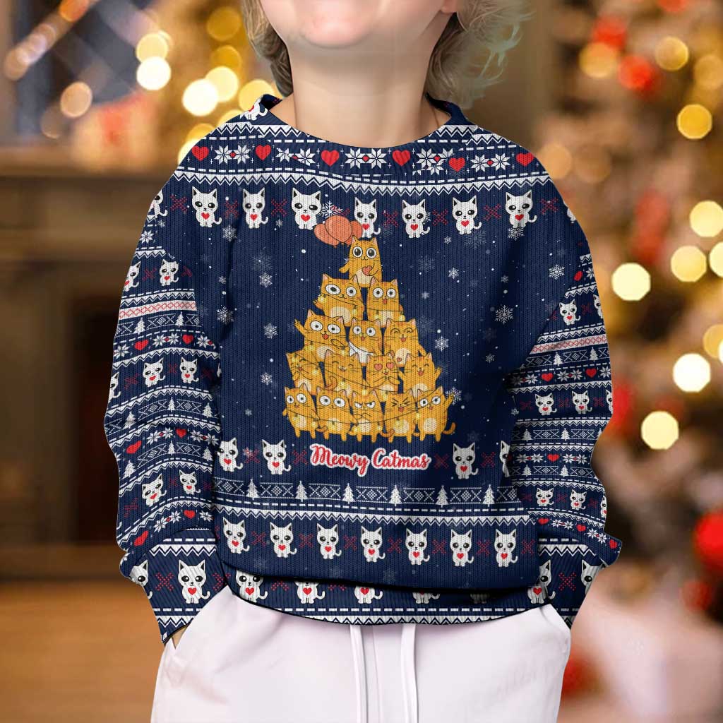 Meowy Catmas Kid Ugly Christmas Sweater with Orange Cats Christmas Tree and Snowflake Pattern Design - Wonder Print Shop