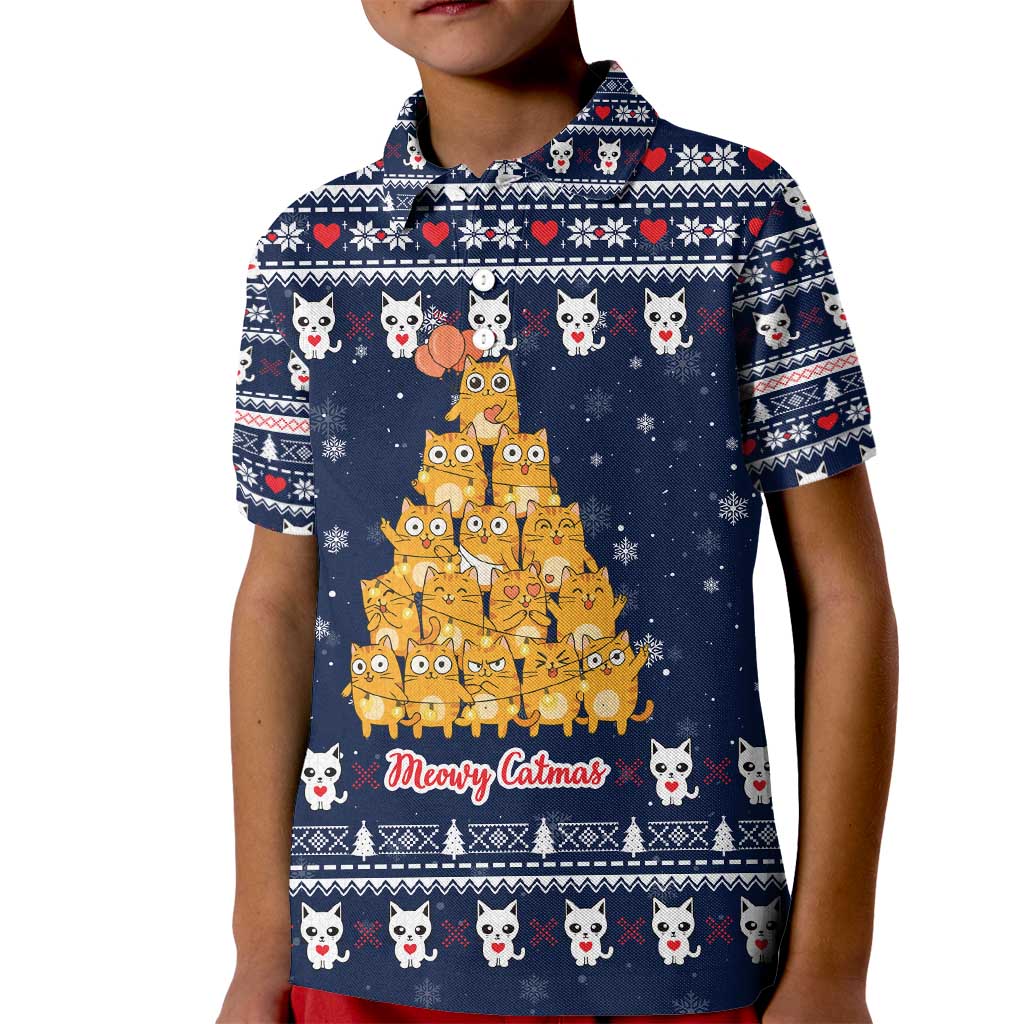 Meowy Catmas Kid Polo Shirt with Orange Cats Christmas Tree and Snowflake Pattern Design - Wonder Print Shop