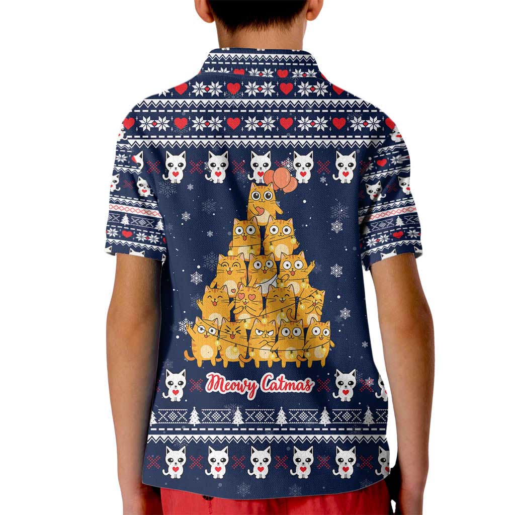Meowy Catmas Kid Polo Shirt with Orange Cats Christmas Tree and Snowflake Pattern Design - Wonder Print Shop