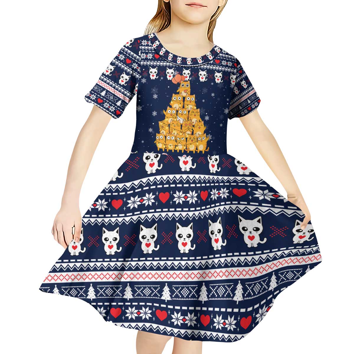 Meowy Catmas Kid Short Sleeve Dress with Orange Cats Christmas Tree and Snowflake Pattern Design - Wonder Print Shop