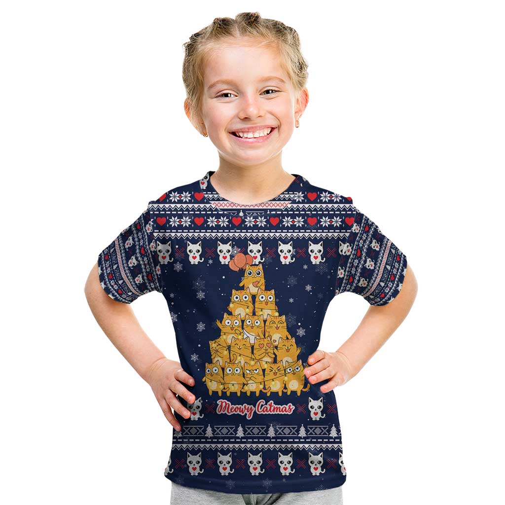 Meowy Catmas Kid T Shirt with Orange Cats Christmas Tree and Snowflake Pattern Design - Wonder Print Shop