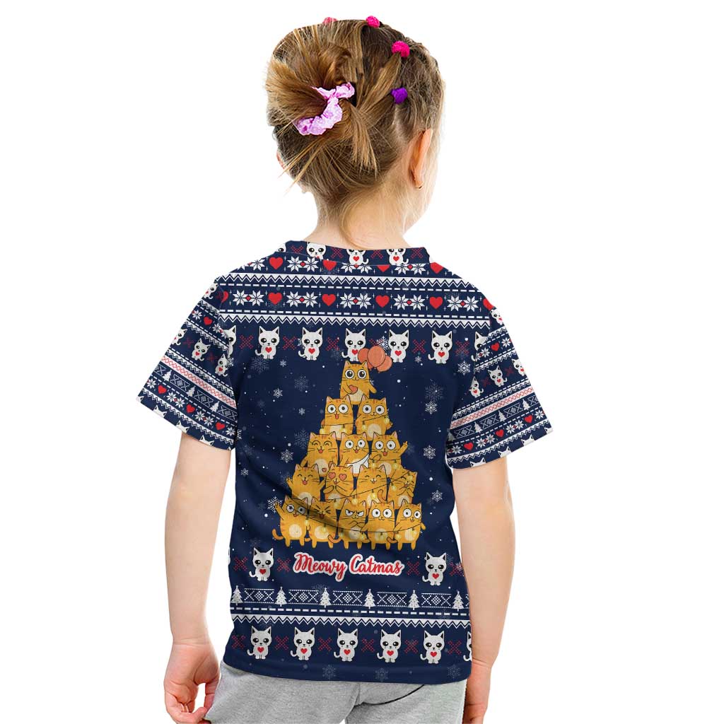 Meowy Catmas Kid T Shirt with Orange Cats Christmas Tree and Snowflake Pattern Design - Wonder Print Shop