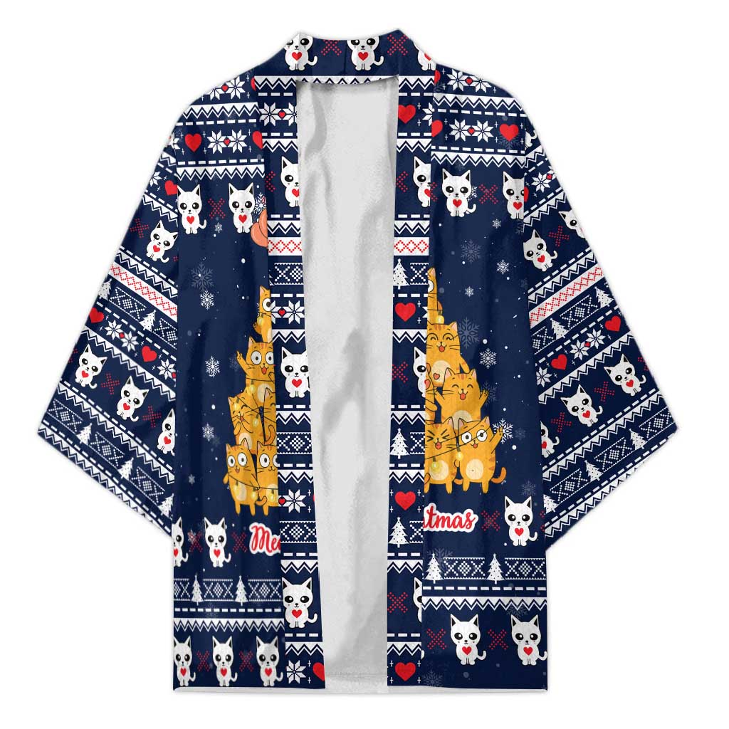 Meowy Catmas Kimono with Orange Cats Christmas Tree and Snowflake Pattern Design - Wonder Print Shop