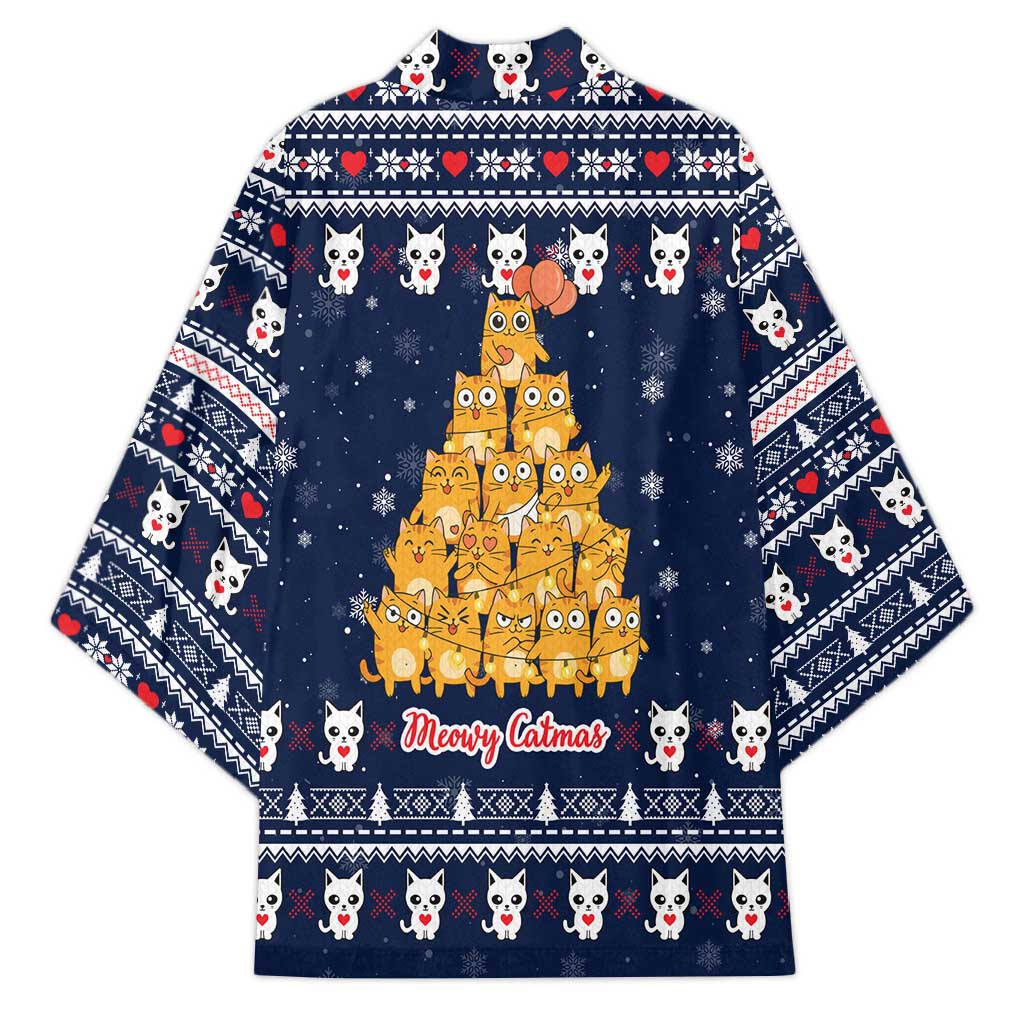 Meowy Catmas Kimono with Orange Cats Christmas Tree and Snowflake Pattern Design - Wonder Print Shop