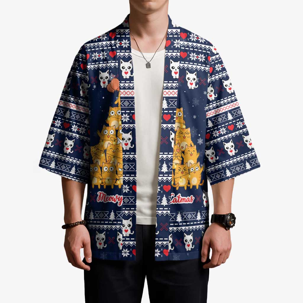 Meowy Catmas Kimono with Orange Cats Christmas Tree and Snowflake Pattern Design - Wonder Print Shop