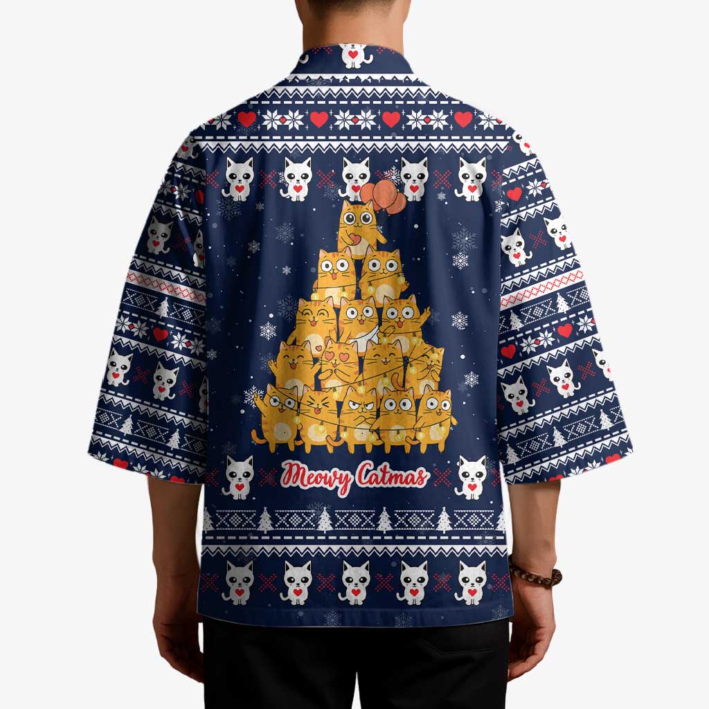 Meowy Catmas Kimono with Orange Cats Christmas Tree and Snowflake Pattern Design - Wonder Print Shop