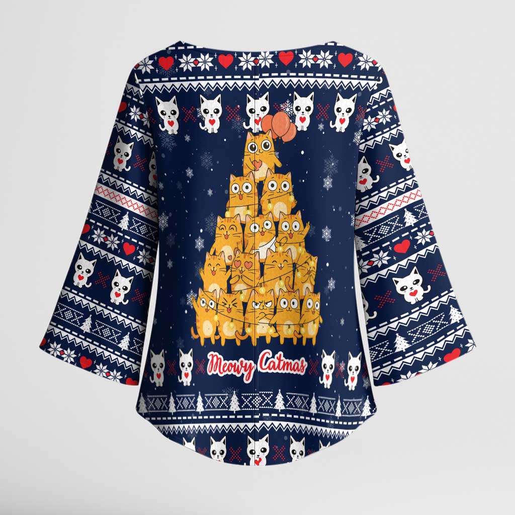 Meowy Catmas Kimono Sleeve Blouse with Orange Cats Christmas Tree and Snowflake Pattern Design - Wonder Print Shop
