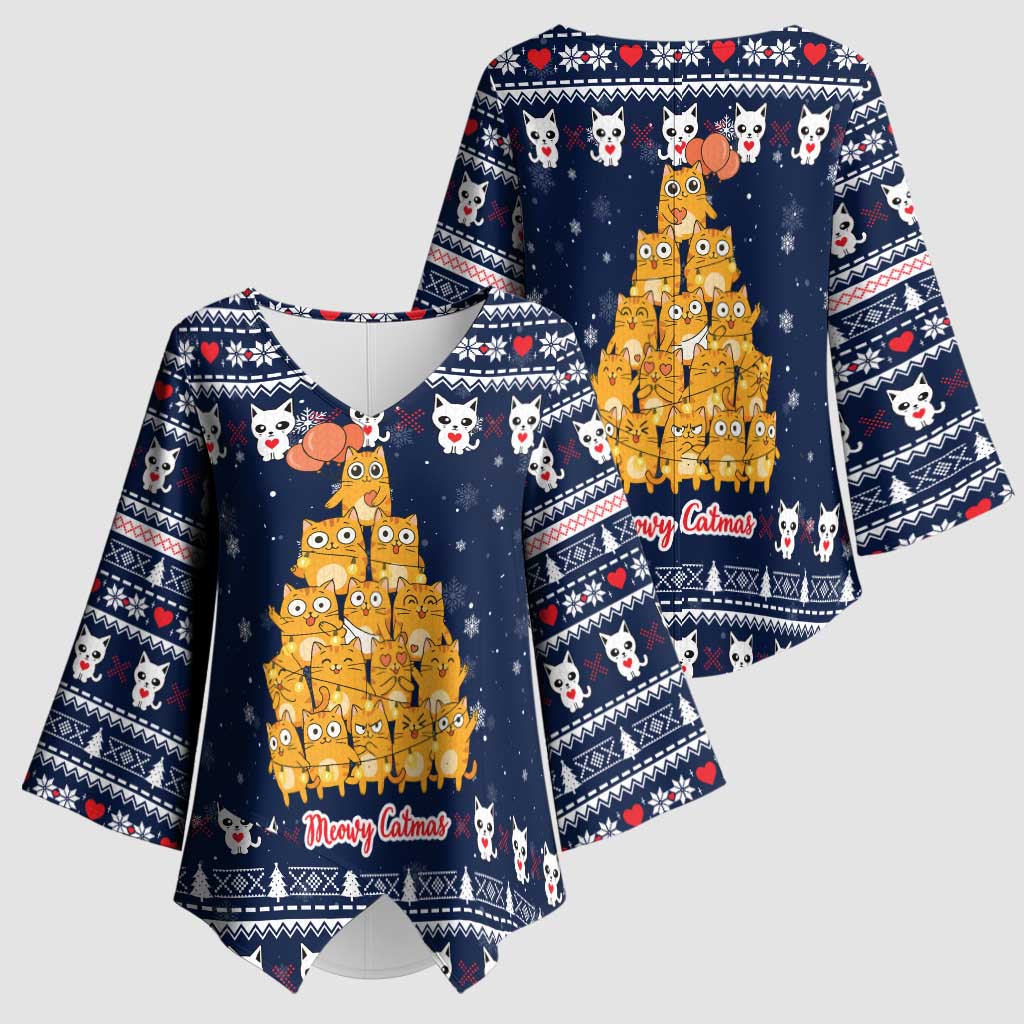 Meowy Catmas Kimono Sleeve Blouse with Orange Cats Christmas Tree and Snowflake Pattern Design - Wonder Print Shop