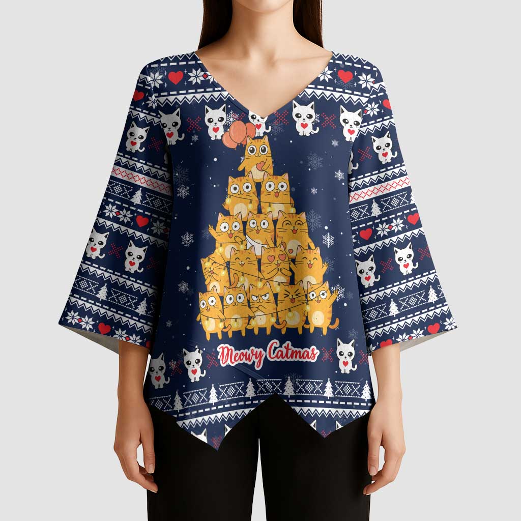 Meowy Catmas Kimono Sleeve Blouse with Orange Cats Christmas Tree and Snowflake Pattern Design - Wonder Print Shop