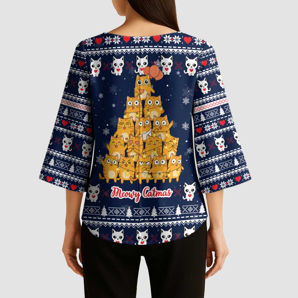 Meowy Catmas Kimono Sleeve Blouse with Orange Cats Christmas Tree and Snowflake Pattern Design - Wonder Print Shop