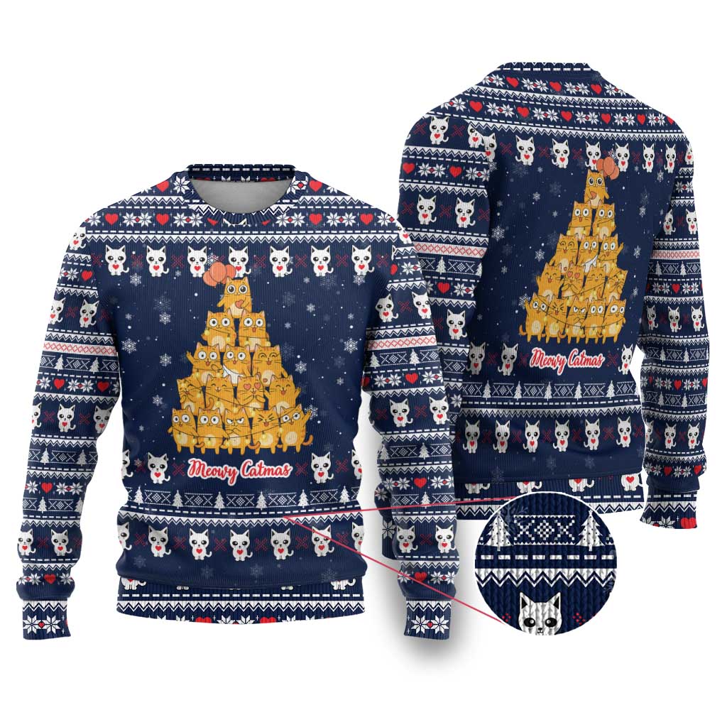 Meowy Catmas Ugly Christmas Sweater with Orange Cats Christmas Tree and Snowflake Pattern Design - Wonder Print Shop