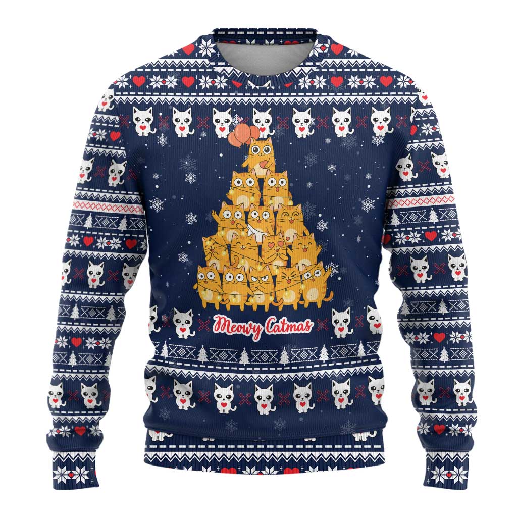 Meowy Catmas Ugly Christmas Sweater with Orange Cats Christmas Tree and Snowflake Pattern Design - Wonder Print Shop