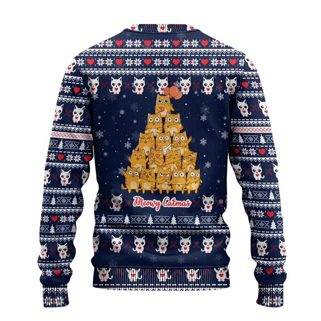 Meowy Catmas Ugly Christmas Sweater with Orange Cats Christmas Tree and Snowflake Pattern Design - Wonder Print Shop