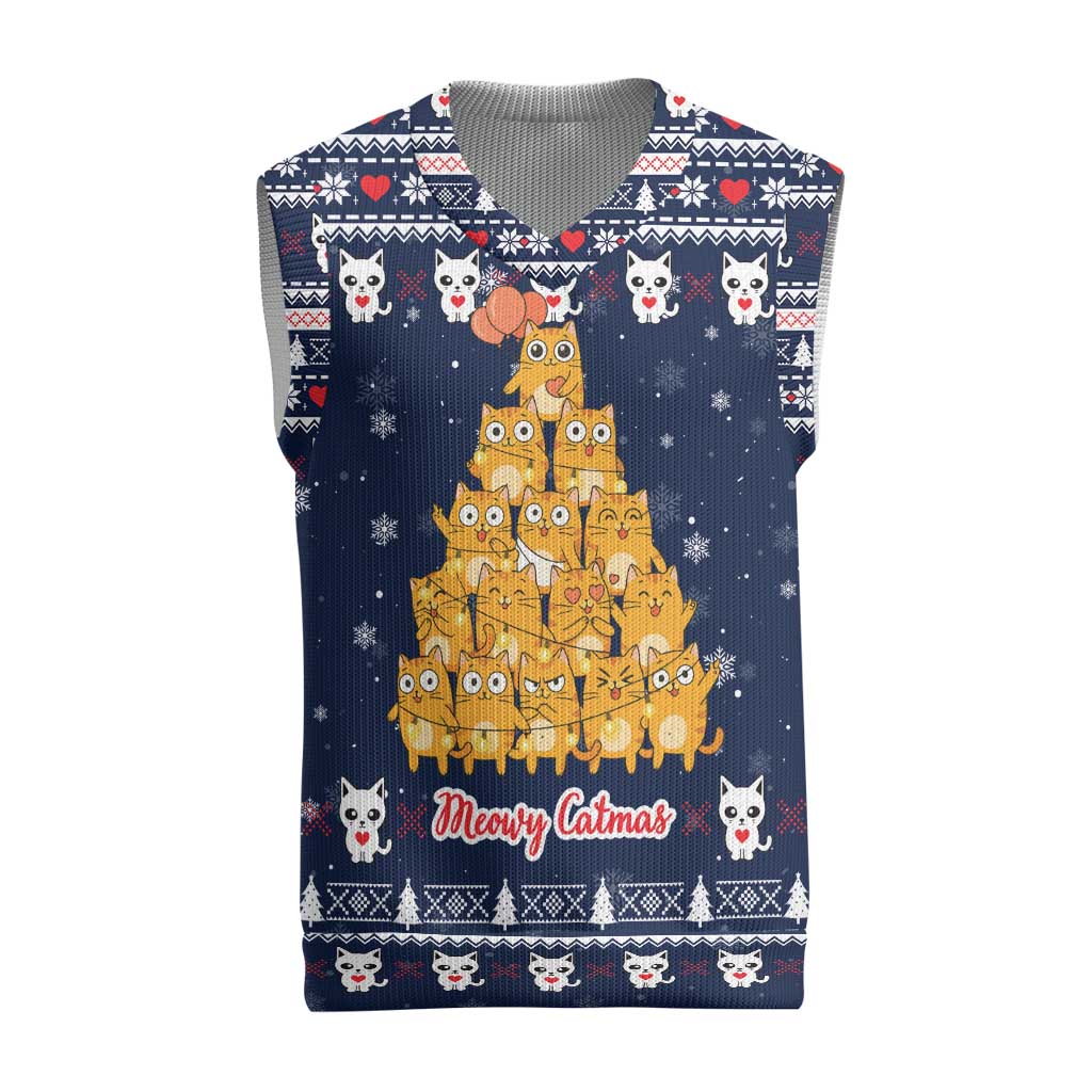 Meowy Catmas Christmas Knitted V-Neck Vest with Orange Cats Christmas Tree and Snowflake Pattern Design - Wonder Print Shop